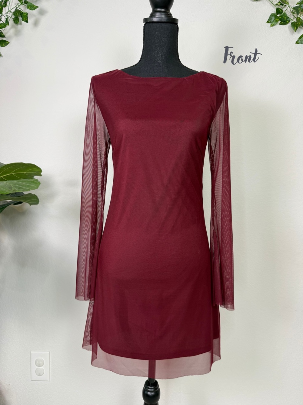 RIHOAS Burgundy Sheer-Sleeve Mini Dress